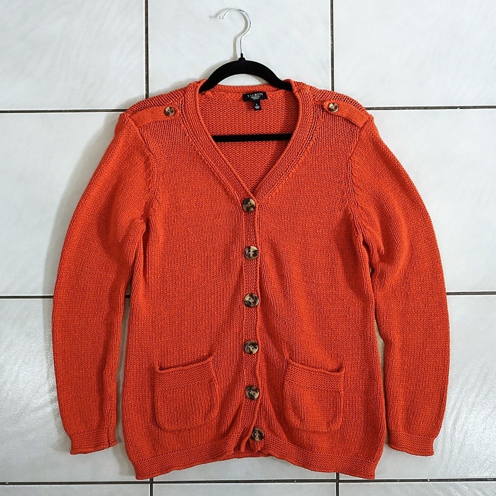Talbots 100% Cotton Orange Knit Cardigan Petite L